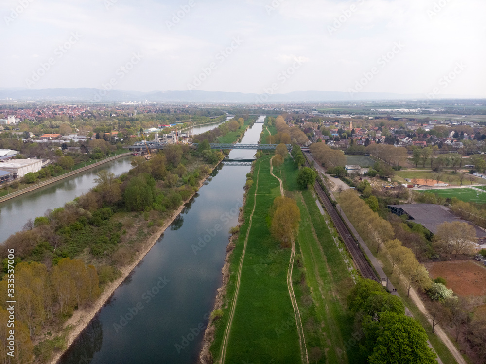 Top view of the embankment of the Neckar River. Mannheim. Germany.