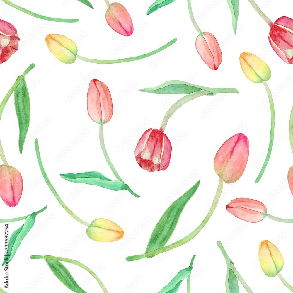 Watercolor pattern with different tulips on a white background. Spring print with randomly arranged delicate tulips for textile, wallpaper, weddings, paper. Watercolor pattern with different tulips on a white background. Spring print with randomly arranged delicate tulips for textile, wallpaper, weddings, paper.