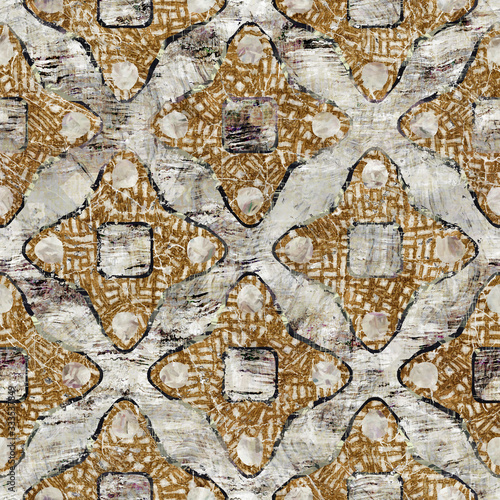 Seamless painterly geometric texture abstract background. Variegated  brush stroke geo shapes pattern. Brown sepia blotched square all over print. Trendy modern hand painted creative fashion swatch. 