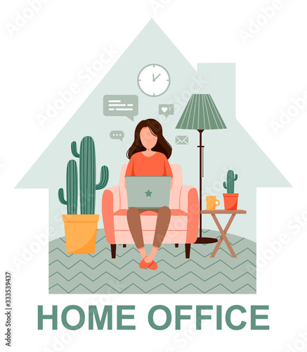 Woman with laptop on the chair. Freelance or studying staying home. Young girl working from home. Self-isolation shield from coronavirus. Remote work from home during Quarantine. Flat vector poster