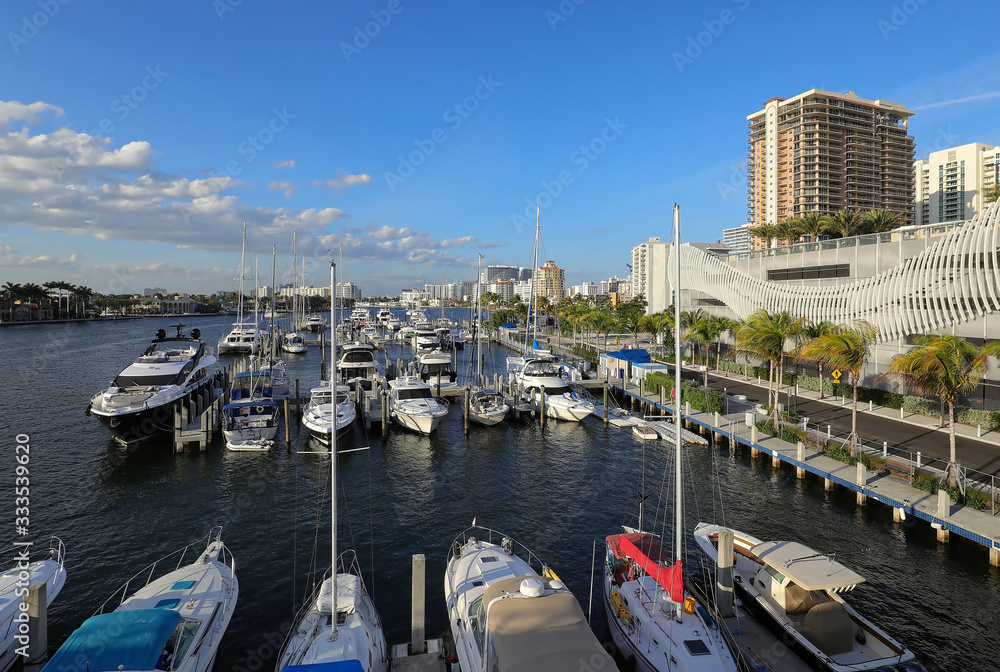 Aerial view of boats docked at a local marina close to the Las Olas Bridge and the Fort Lauderdale Beach.