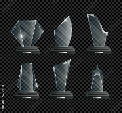 Awards vector realistic illustrations set. Success  achievement  championship  competition victory. Sports and cinema 3D rewards pack. Crystal trophies collection isolated on transparent background.