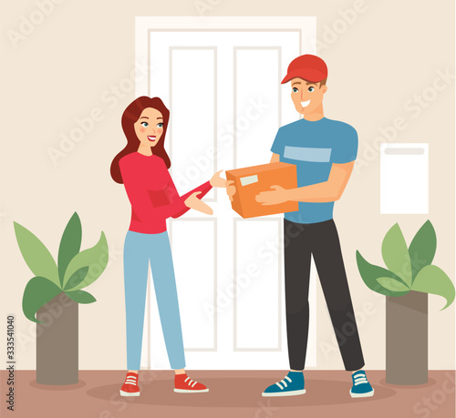 Vector illustration of delivery concept. Woman getting package from courier. Young smiling cartoon characters in flat design. Delivery man in uniform giving a box to a woman, delivery service.