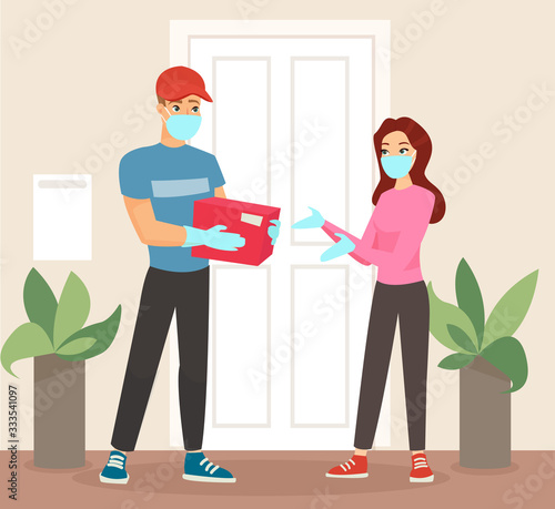 Vector illustration of delivery man in mask and medical gloves giving the package to woman in medickal mask. Woman getting package from courier. Coronavirus concept, quarantine and isolation. Flat