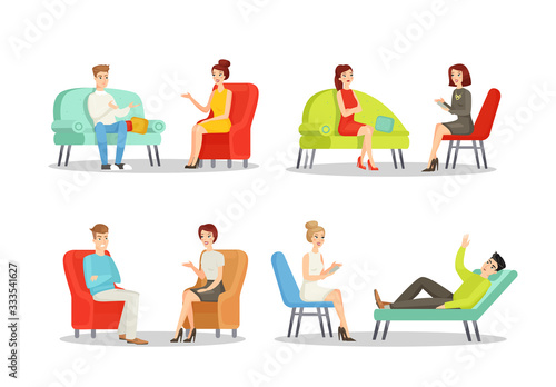 Psyhologist appointment, mental care color flat vector illustration collection
