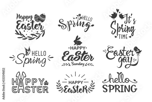 Hello spring and happy easter hand drawn lettering logo vector illustration set with holiday symbols