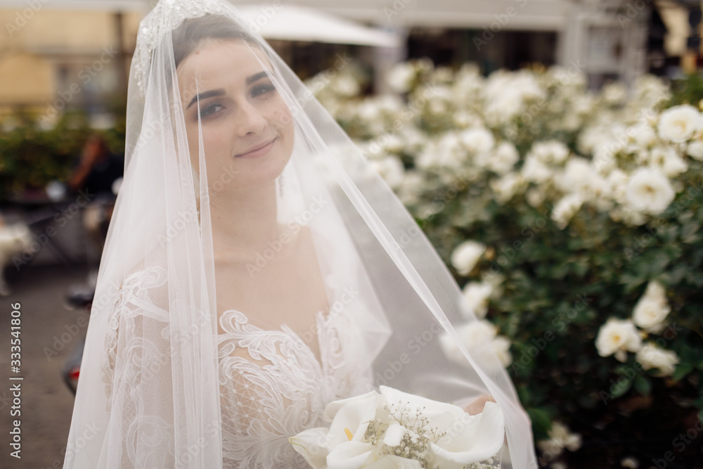 Beautiful bride near white roses in the garden Beautiful bride near white roses in the garden