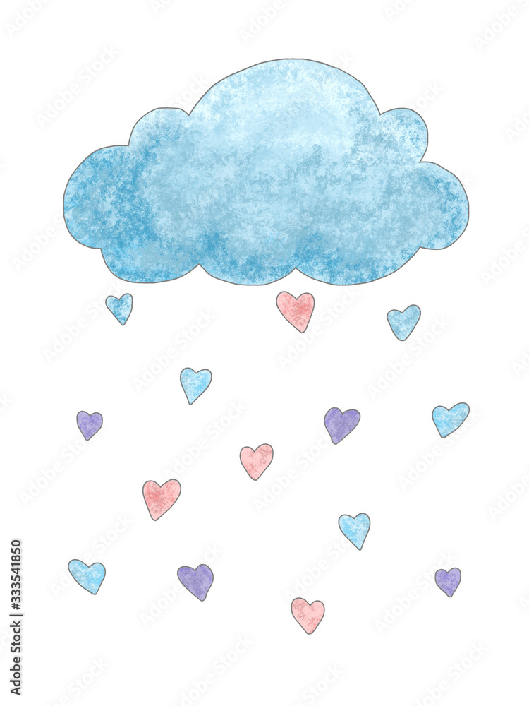 Blue cloud raining with pink lilac and blue hearts. Romantic valentine's rain. Isolated on white background