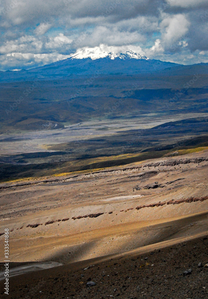 View of the Antisana volcano in the distance, across the valley, from the Cotopaxi slopes, on a sunny and cloudy afternoon. Cotopaxi National Park, Ecuador.