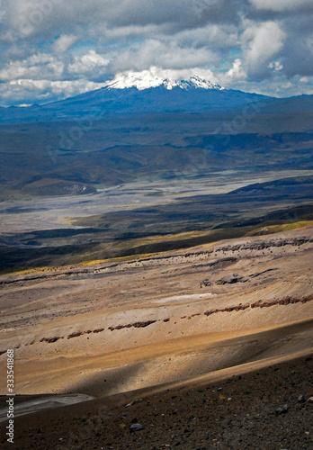 View of the Antisana volcano in the distance, across the valley, from the Cotopaxi slopes, on a sunny and cloudy afternoon. Cotopaxi National Park, Ecuador.