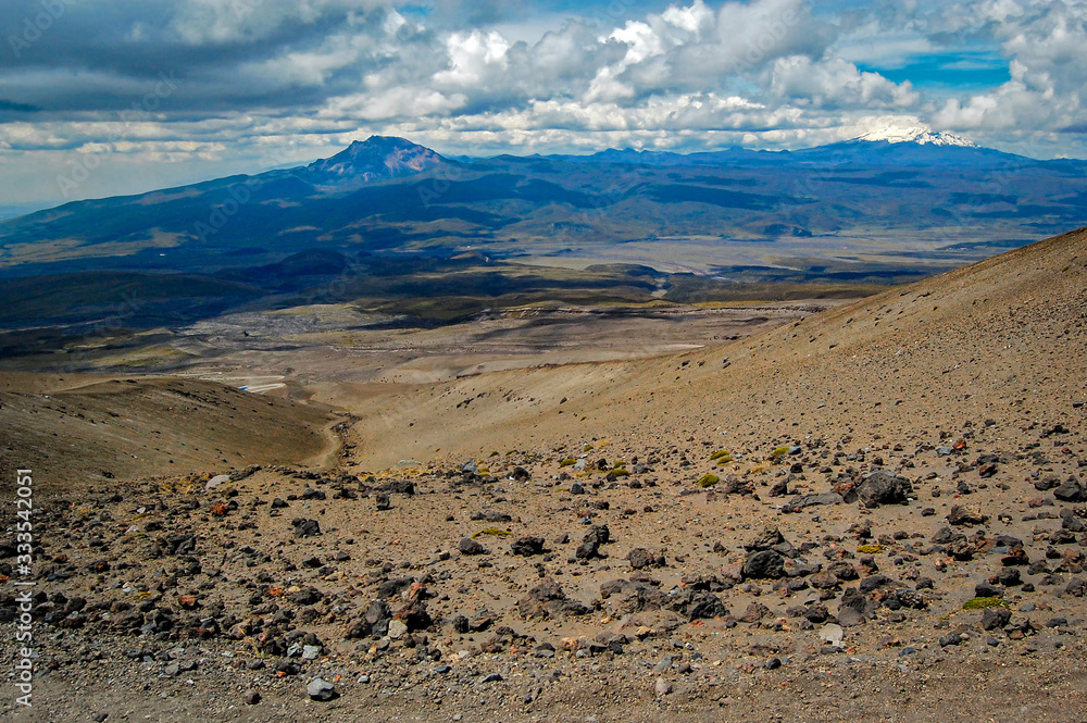 Sincholagua and Antisana volcanoes at a distance from the slopes of the Cotopaxi volcano, in the Cotopaxi National Park, Ecuador