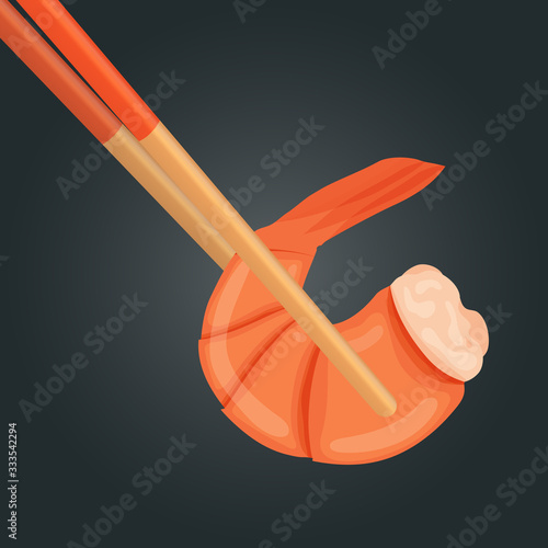 Boiled shrimp in chopsticks. Cooked tiger prawn. Shrimp isolated on dark background. Vector illustration.