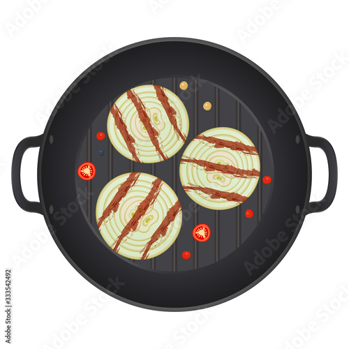 Grilled sliced onion in a pan with chili peppers, isolated on white background. Rings of onion. Vector Illustration.