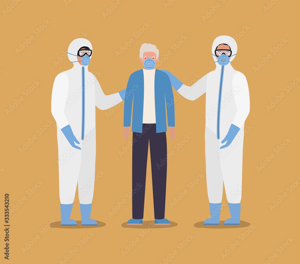 Elder man with mask and doctors with protective suits against Covid 19 vector design