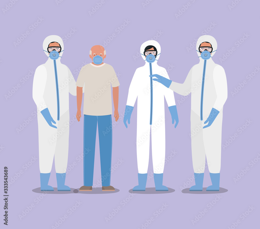 Elder man with mask and doctors with protective suits against Covid 19 vector design Elder man with mask and doctors with protective suits against Covid 19 vector design