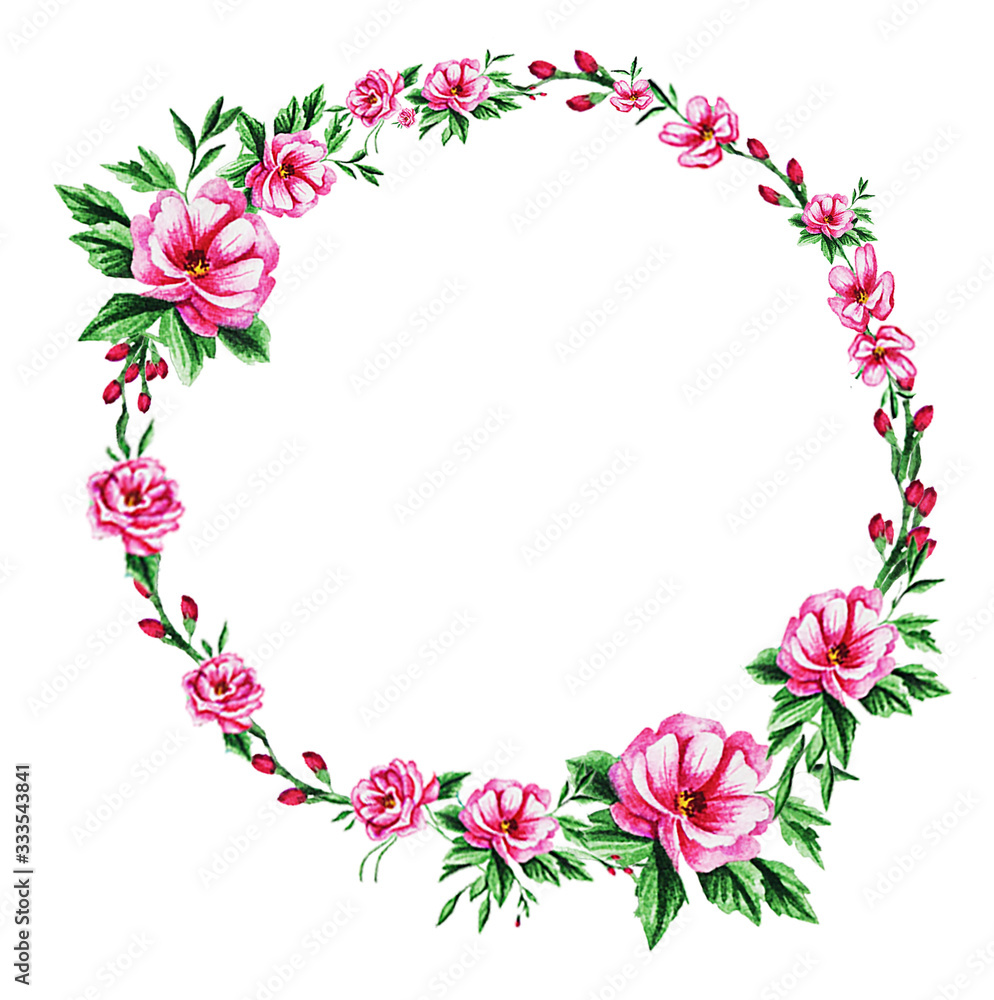 Watercolor pink flowers and leaves - wreath. Hand painted floral border or banner template. Colorful floral frame with place text. For floral wedding design, invitation cards and more. Botanical decor