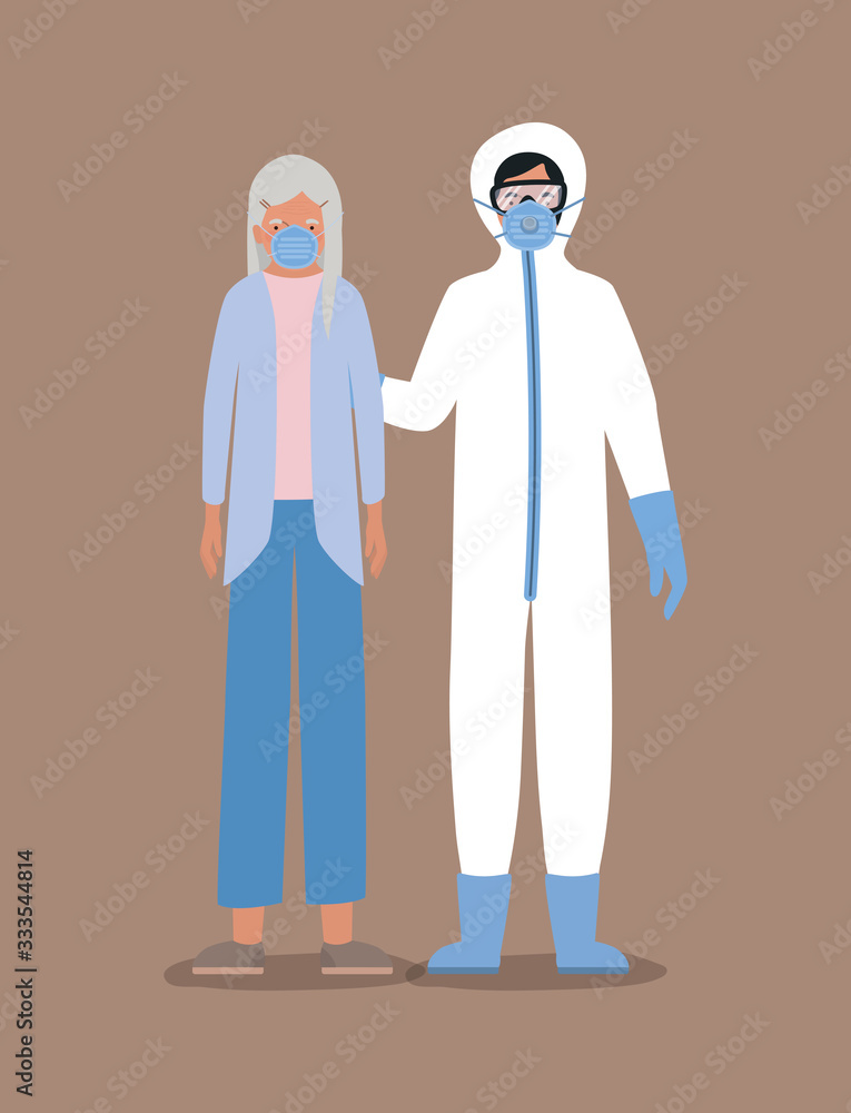 Elder woman with mask and doctor with protective suit against Covid 19 vector design