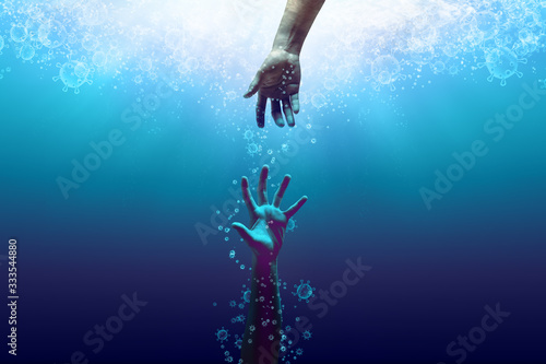 a helping hand saving the drowning victim from the coronavirus, the bubbles in coronavirus shape, idea, conceptual images Fototapet