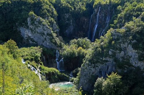Panorama of Big Waterfall in Plitvice Lakes National Park  Croatia
