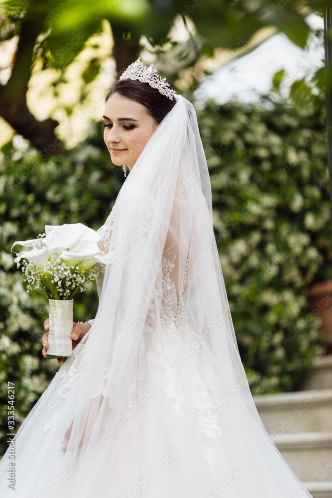 Beautiful dark haired bride in beautiful dress in the garden Beautiful dark haired bride in beautiful dress in the garden