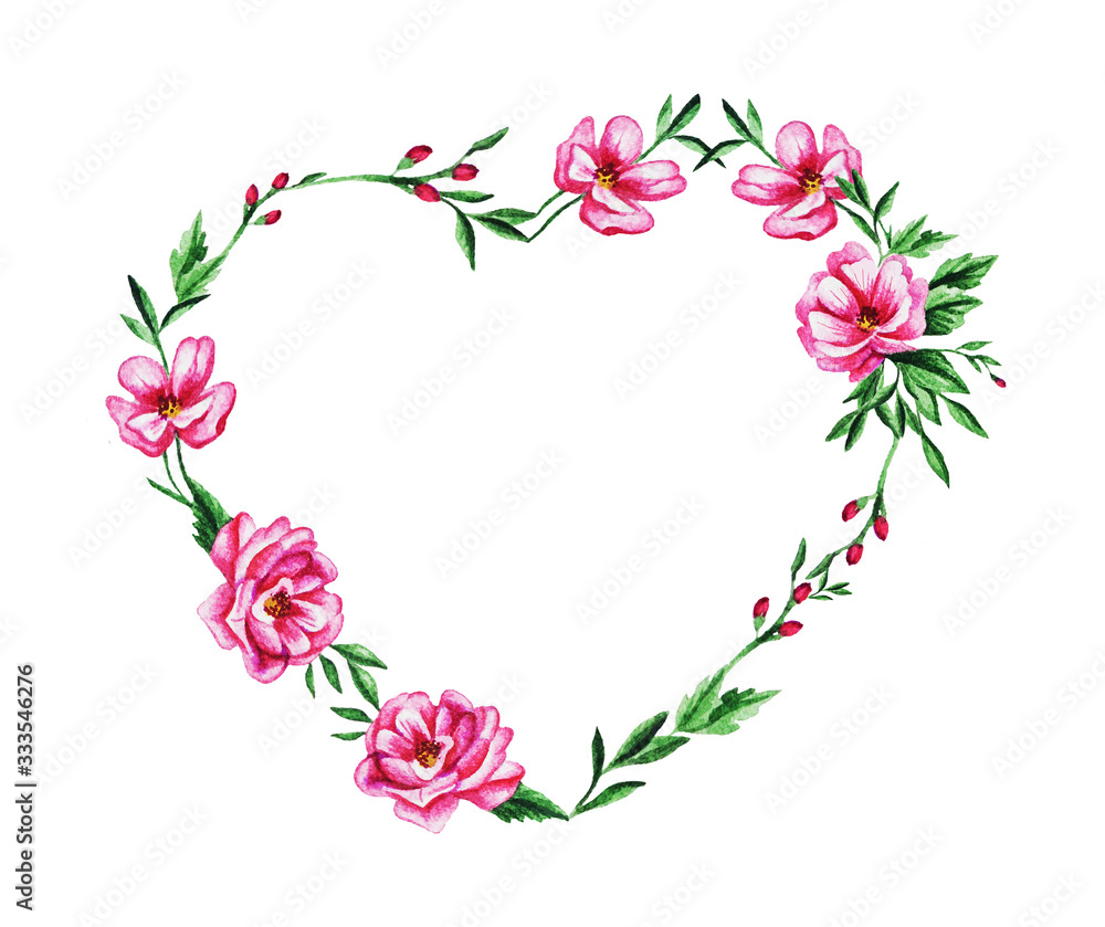 Romantic watercolor frame in the form of a heart of pink flowers, twigs and buds with green leaves. Hand drawing for wedding invitations, congratulations, for Valentine's Day and more.
