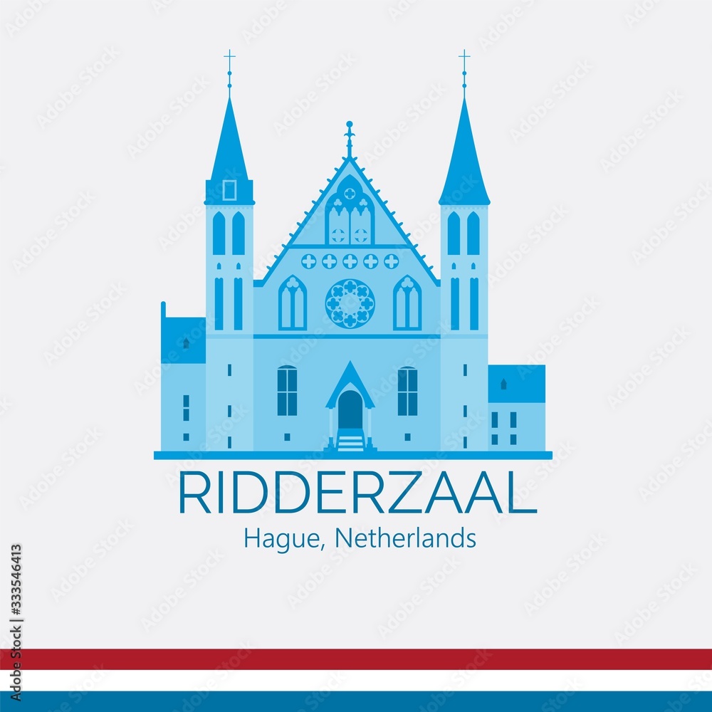 Ridderzaal in Hague exterior.  Hall of Knights building. Netherlands tourist attraction. Stylized monochrome flat style vector illustration.