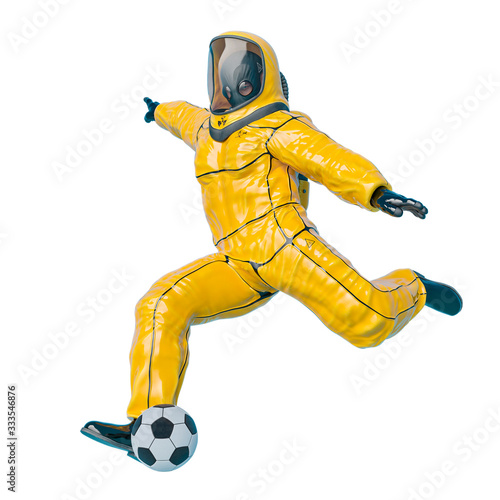 man in a biohazard suit is playing football side view