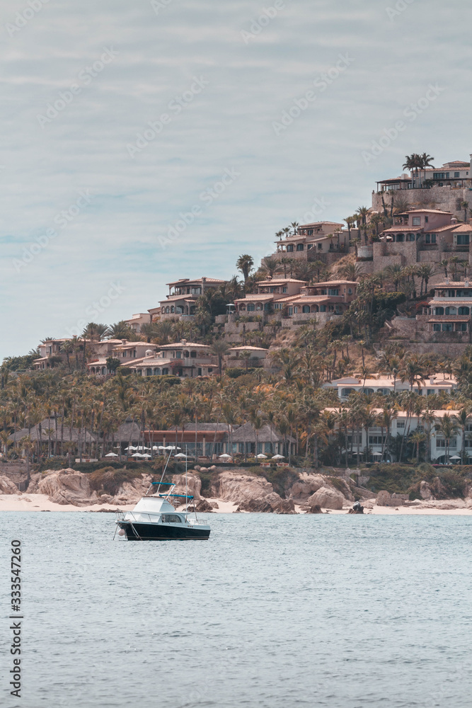 San Jose del Cabo. Baja California Sur. Mexico. View from the sea. Houses near the sea.  Buildings on the rocks. Beautiful coast line.