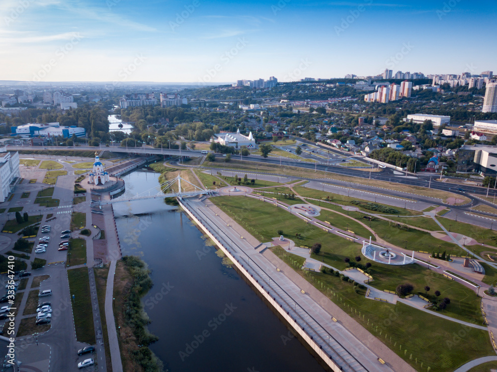 Fototapeta premium City downtown building in sunny morning, aerial view