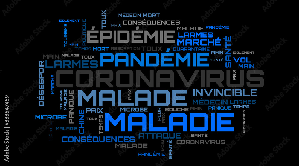 Blue coronavirus word collage on french language Blue coronavirus word collage on french language