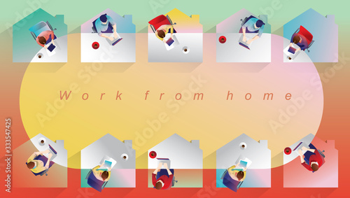 Work from home concept, top view Young people, man and woman freelancers working on laptops at home. People at home in quarantine.Stay home vector illustration.Flat cartoon character