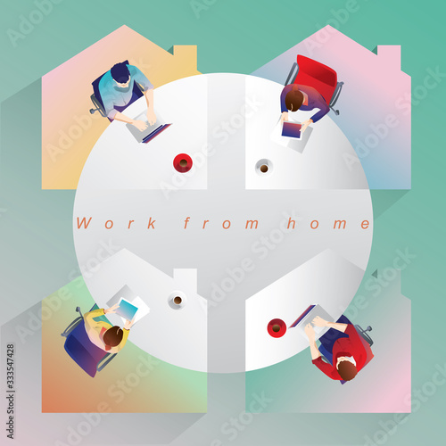 Work from home concept, top view Young people, man and woman freelancers working on laptops at home. People at home in quarantine.Stay home vector illustration.Flat cartoon character