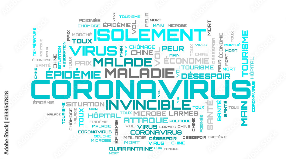 Abstract turquoise modern coronavirus word cloud concept on french language Abstract turquoise modern coronavirus word cloud concept on french language