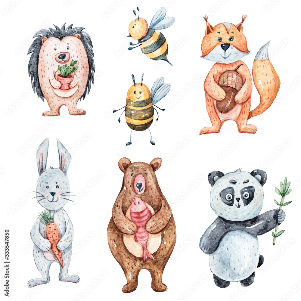 Fototapeta premium Hand painted watercolor cute animals set. Rabbits, bear, fox, bee, hedgehogs isolated on white. Lovely baby rabbit illustration for pattern, baby shower, invitation