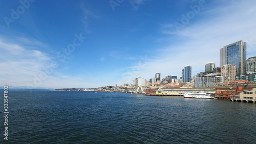 Seattle, Washington - February 10, 2018 - Skyline of city of Seattle from Seattle - Bainbridge Island ferry on sunny winter afternoon. © Francisco