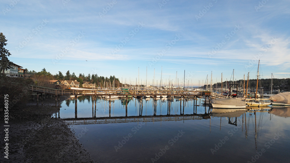 Bainbridge Island, Washington - February 10, 2018 - Marina on tranquil sunny winter afternoon