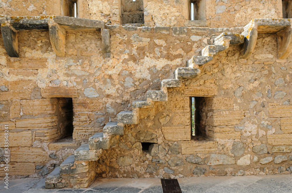 Stone stairs leading up to the fortified walls and ramparts at Capdepera Castle, Mallorca/Majorca