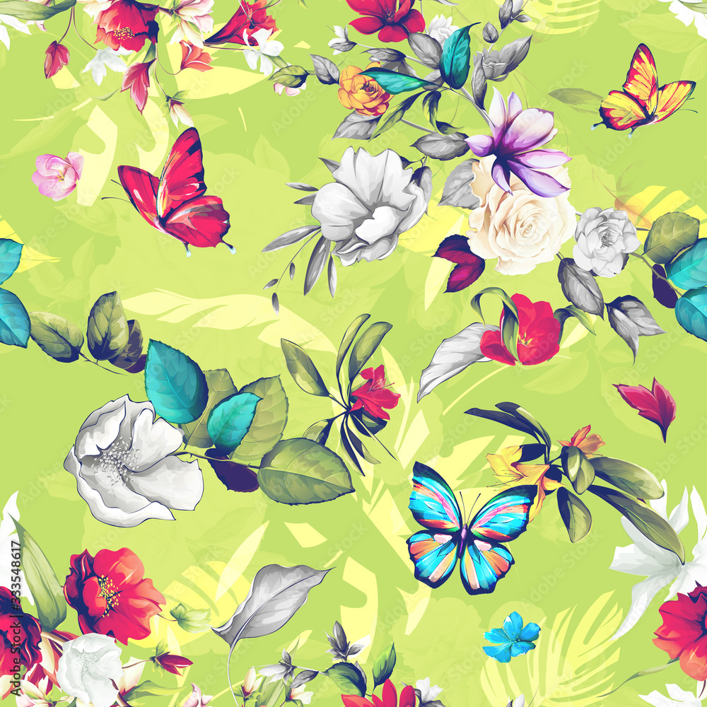 Seamless floral background pattern. Flowers roses, wild rosemary with leaf and butterfly around on light green. Abstract hand drawn vector illustration.