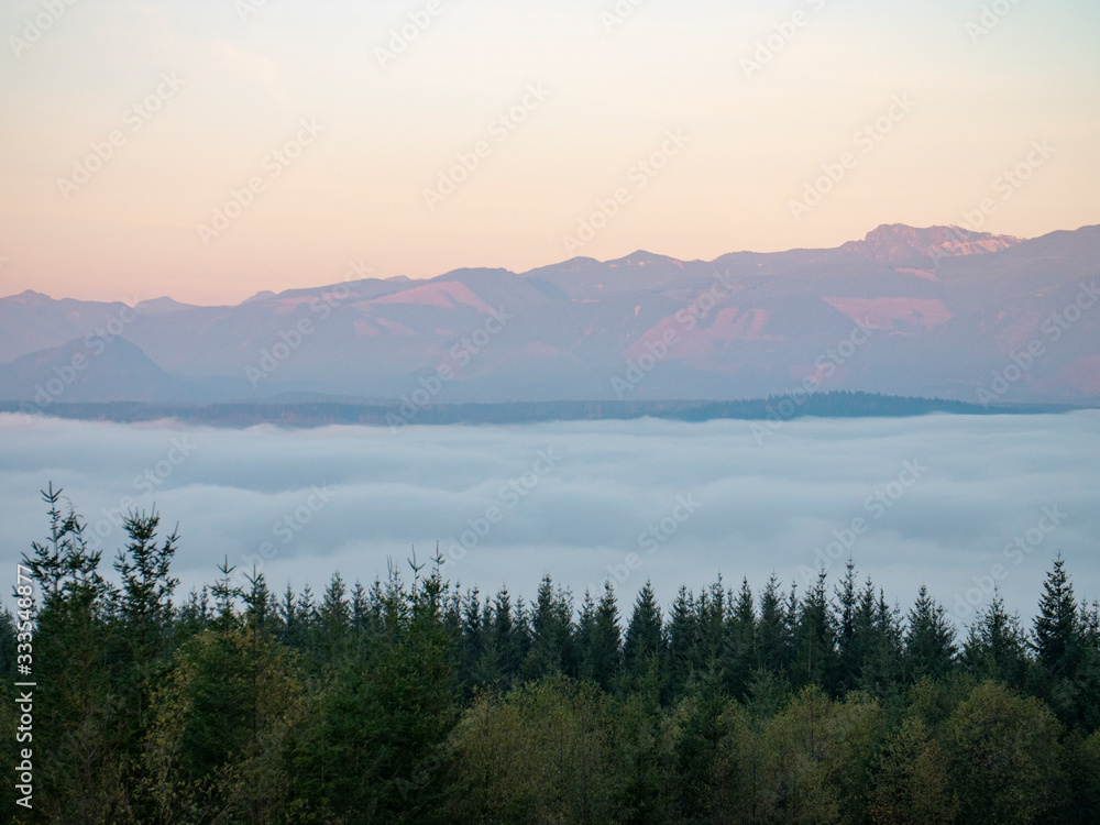 Snoqualmie Valley Washington USA Foggy Cloud Cover Sunset Forest Mountain View