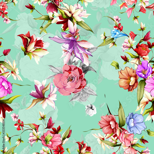 Fototapeta Naklejka Na Ścianę i Meble -  Seamless vintage floral pattern. Pomegranate with wild flowers and leaves around on pastel abstract background. Hand drawn, vector - stock.