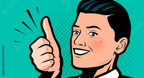 Businessman showing thumbs up. Retro comic pop art vector illustration