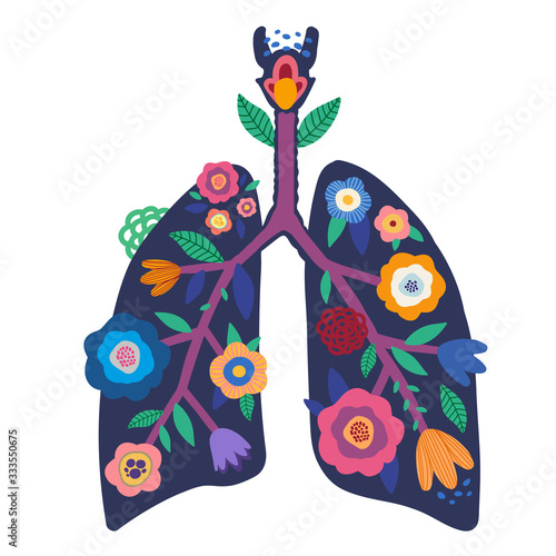 Blooming lungs. Illustration of human lungs with bright flowers and vegetation. Respiratory system. Healthy lungs. Medicine