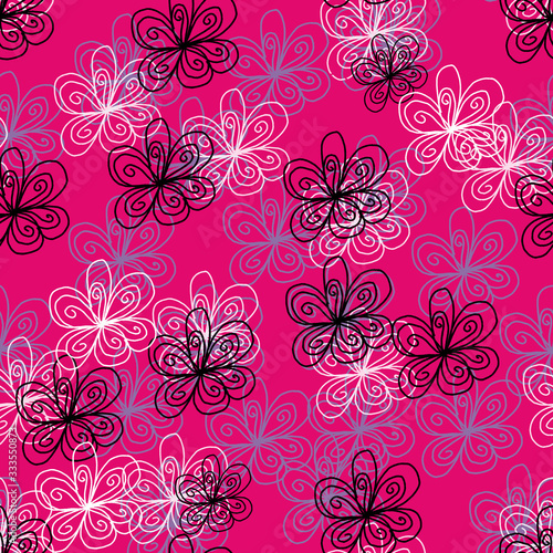 Seamless repeat pattern with hand drawn white, black, beige flowers on pink background.Great for wedding decor, wrapping paper, background, fabric print, web page backdrop, wallpaper