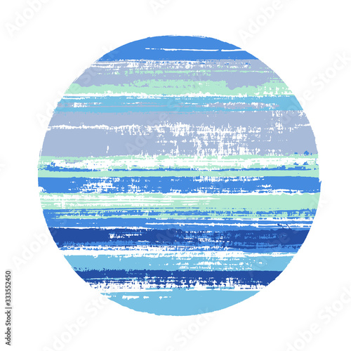 Ragged circle vector geometric shape with stripes texture of ink horizontal lines. Old paint texture disc. Label round shape logotype circle with grunge stripes background.