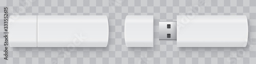 Realistic flash drive mockup set, open and closed. White mockup with shadow on white background - stock vector.