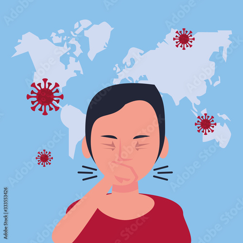 person coughing with covid19 particles and earth planet maps