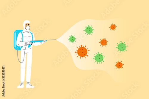COVID-19 Specialist with protective gear spraying the cleaning sanitize chemical to disinfect coronavirus novel. Kill virus pathogen prevent outbreak spreading concept. Vector illustration. 