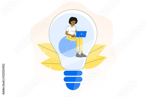 Creativity. Business idea concept. Office worker or manager woman sitting in the light bulb. Metaphoric presentation of an idea. Start up planning. Thinking. Vector character illustration.