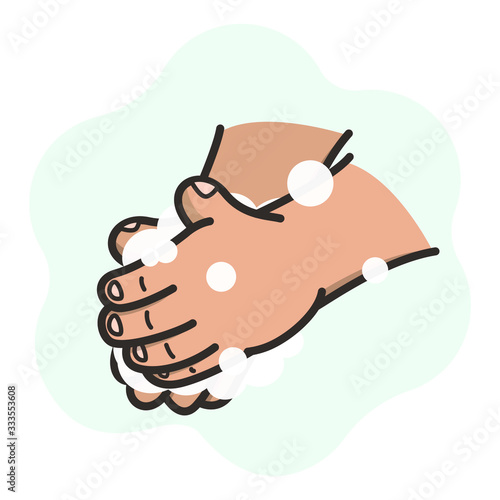 Cartoon image of how to wash your hands thoroughly with soap against a coronavirus.