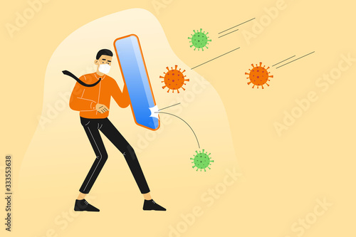 COVID-19 novel. Businessman or manager holding shield to protect himself from Coronavirus germs. Protection mask and quarantine. Business risk prevention from virus outbreak. Vector illustration